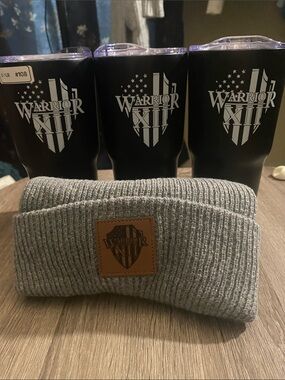 Gray Rib Knit Warrior Beanie with Leather Patch and 3 insulated Warrior cups